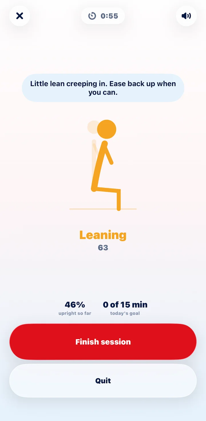 VerteGuard live session: the Coach says little lean creeping in, ease back up when you can, and an amber figure reads Leaning with a score of 63