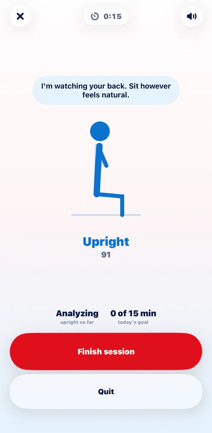 VerteGuard live session: the Coach says I'm watching your back, sit however feels natural, and a blue figure reads Upright with a score of 91